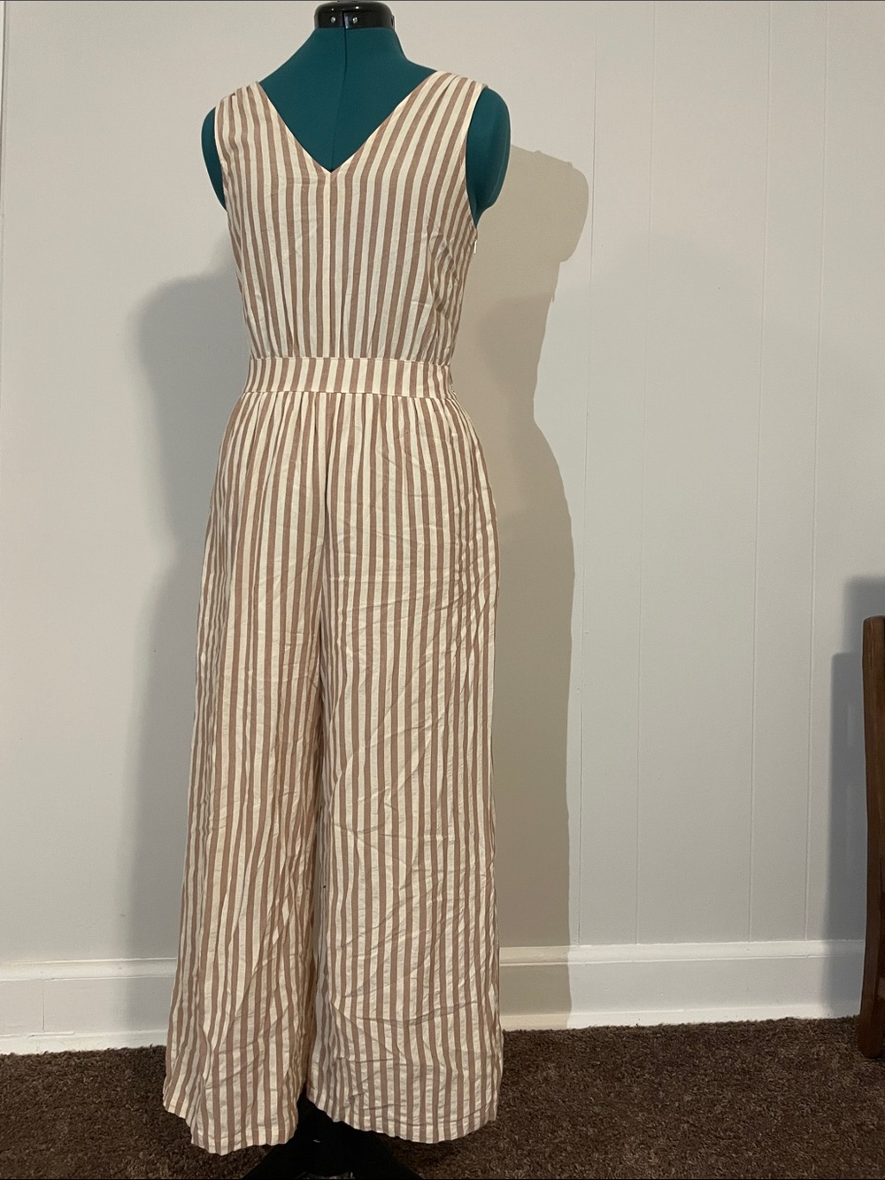 Striped V-Neck Wide-Leg Jumpsuit — Cream & Tan